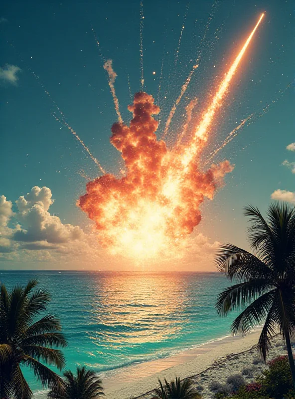 Illustration of a SpaceX Starship exploding in the sky above the Bahamas.