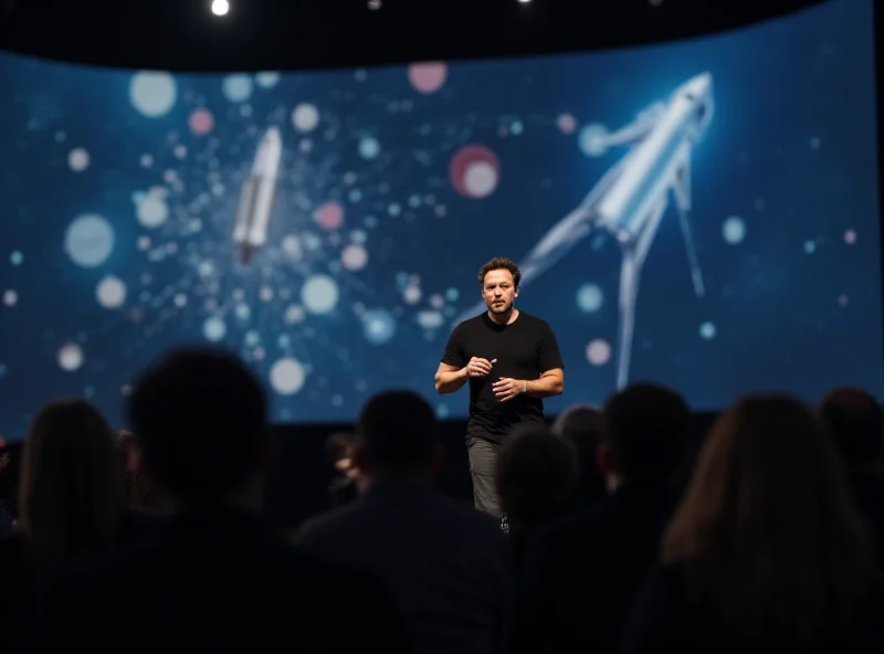 Elon Musk giving a presentation, looking determined.