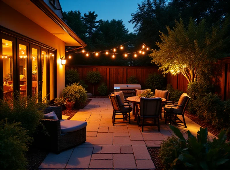 Philips Hue outdoor lights illuminating a backyard patio.