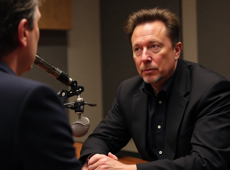 Elon Musk speaking with Joe Rogan during a podcast interview. Musk is gesturing with his hands while Rogan listens intently.