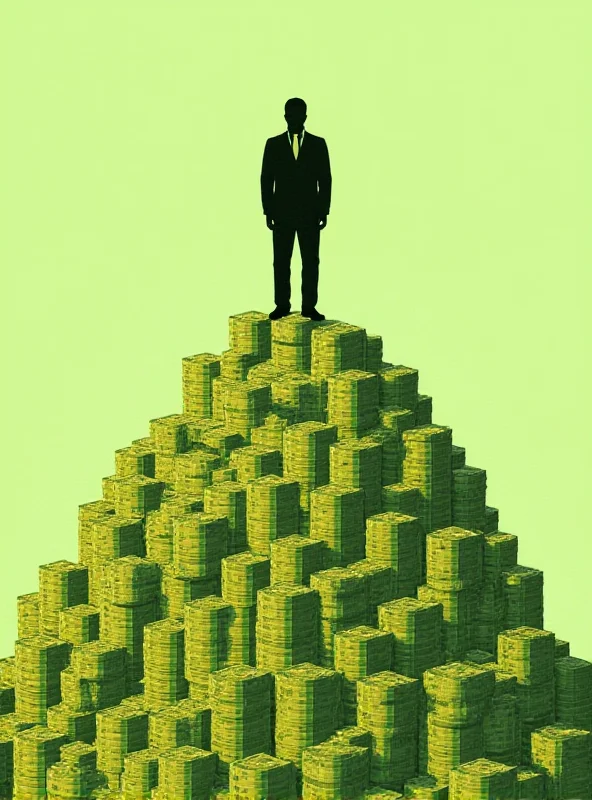 A stylized graphic depicting the concept of a 'superbillionaire', showing a person standing atop a mountain of money, dwarfing other billionaires below.