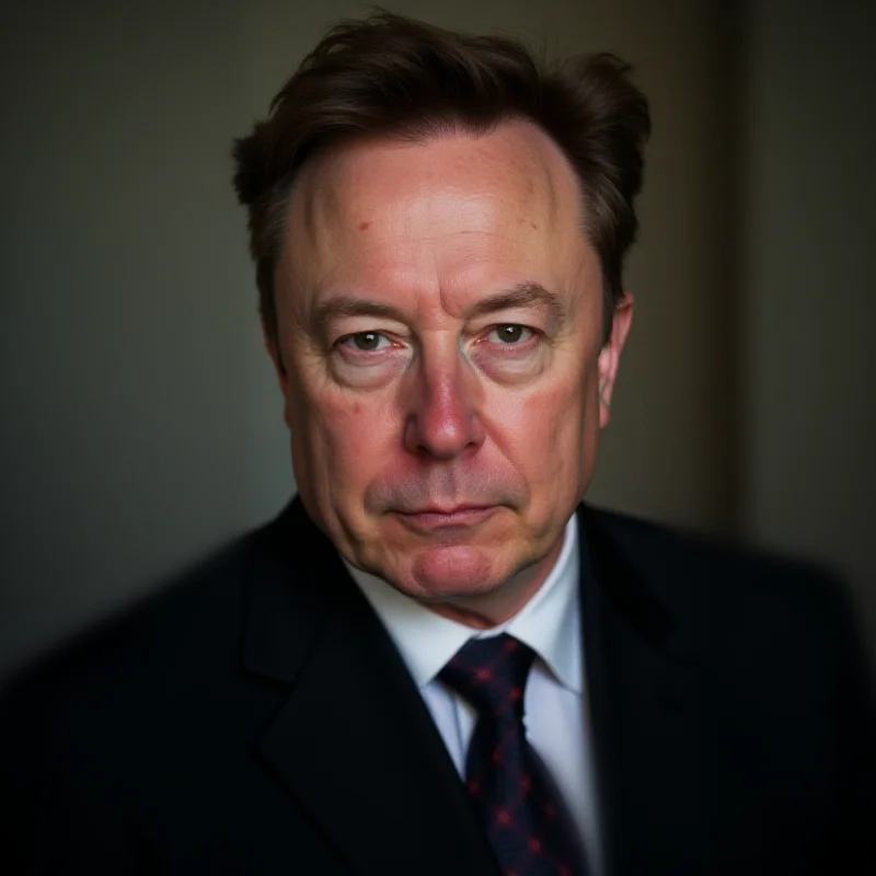 A portrait of Elon Musk looking directly at the camera with a slightly thoughtful expression. He is wearing a dark suit and tie.