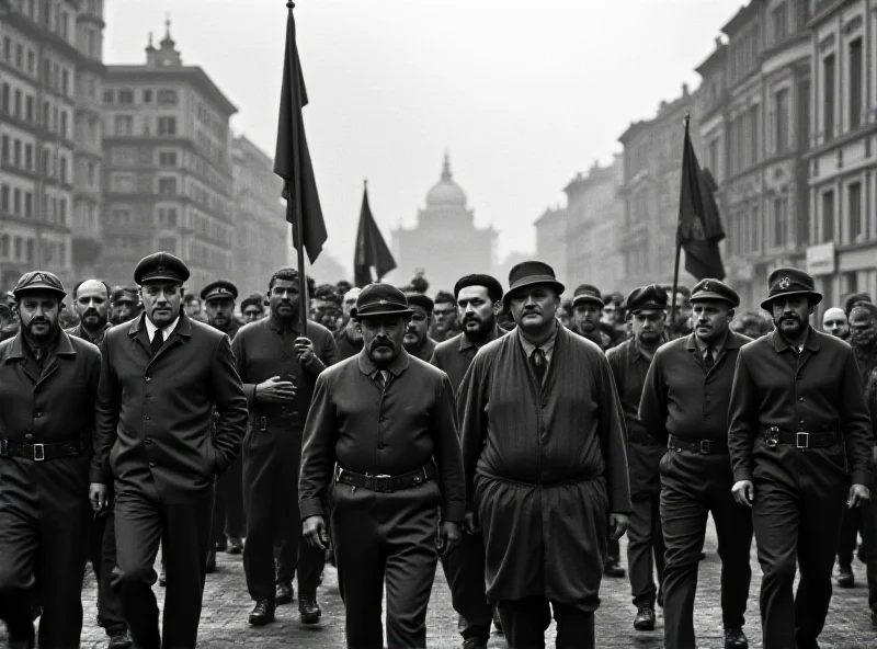 Black and white photograph of Mussolini leading a march. Soldiers and civilians are visible, with banners and flags waving.