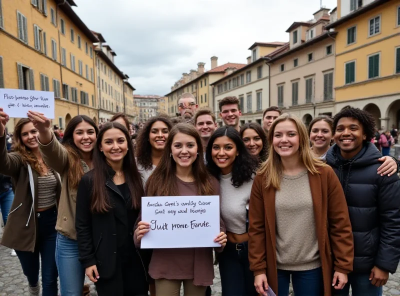 A group of young people standing together in a European city square, holding signs expressing their hopes for the future of Europe.