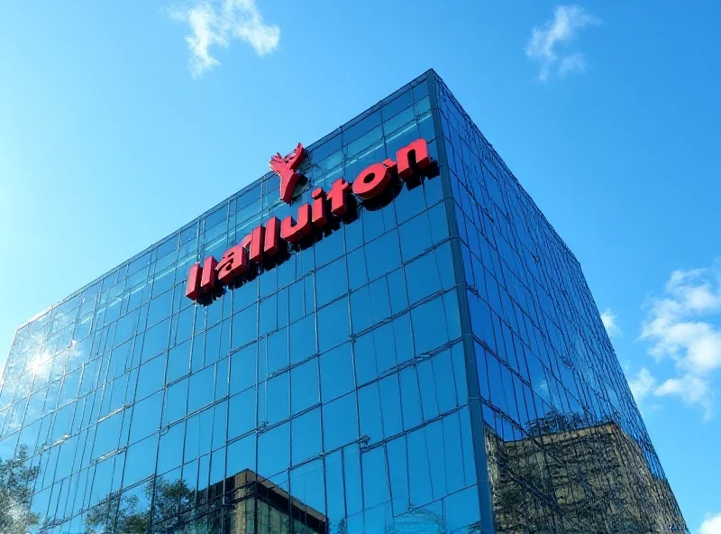 Exterior shot of Halliburton headquarters, modern glass building with company logo prominently displayed.