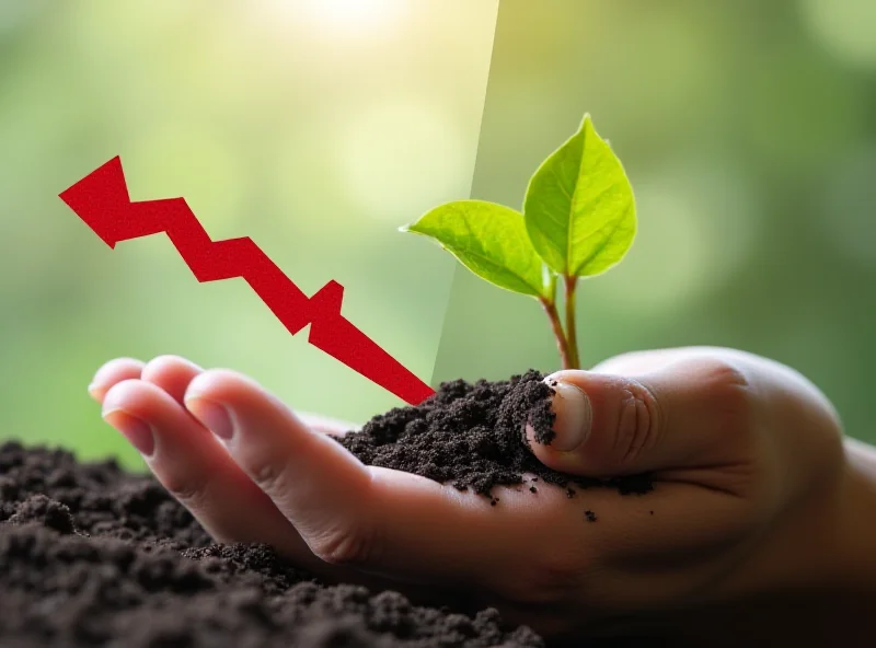 A split image. The left side shows a graph trending downwards. The right side shows a hand holding a seedling.