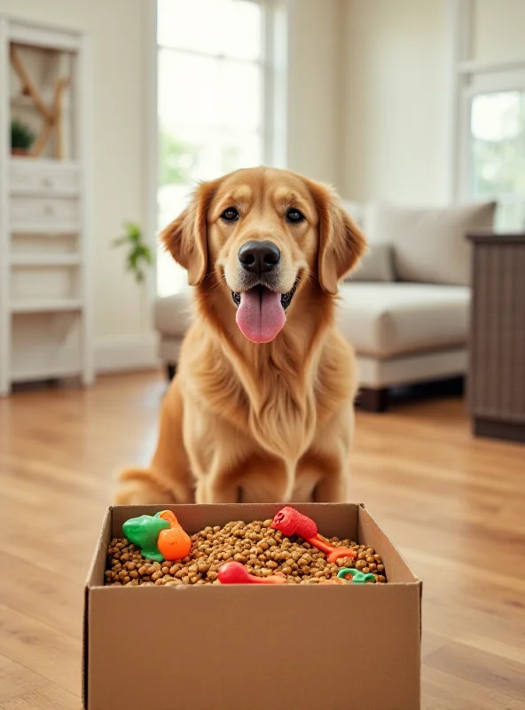 A happy dog looking at a Chewy box.