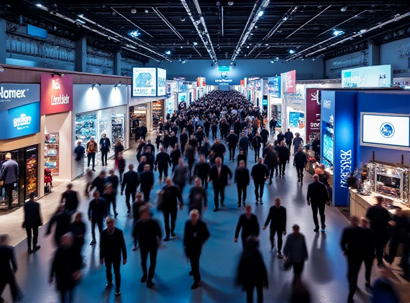 A wide shot of the MWC 2025 show floor, bustling with attendees and exhibitors.