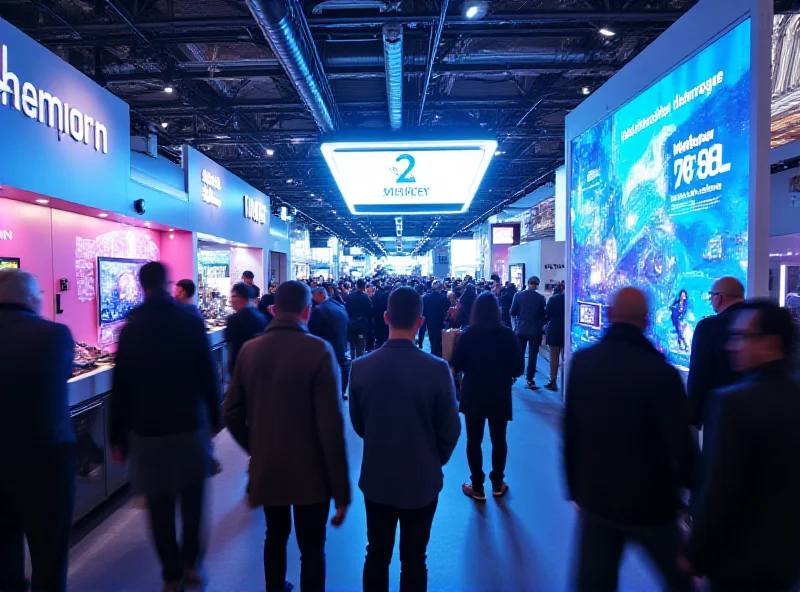 A bustling scene at MWC 2025 with people interacting with various tech exhibits.