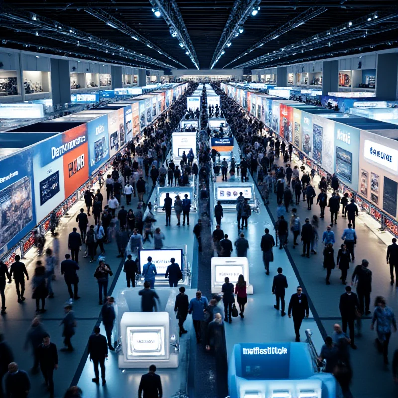 A wide shot of the MWC conference hall showcasing various vendors and attendees.