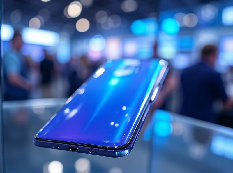 Sleek and futuristic Samsung Galaxy S25 Edge on display at a tech conference.