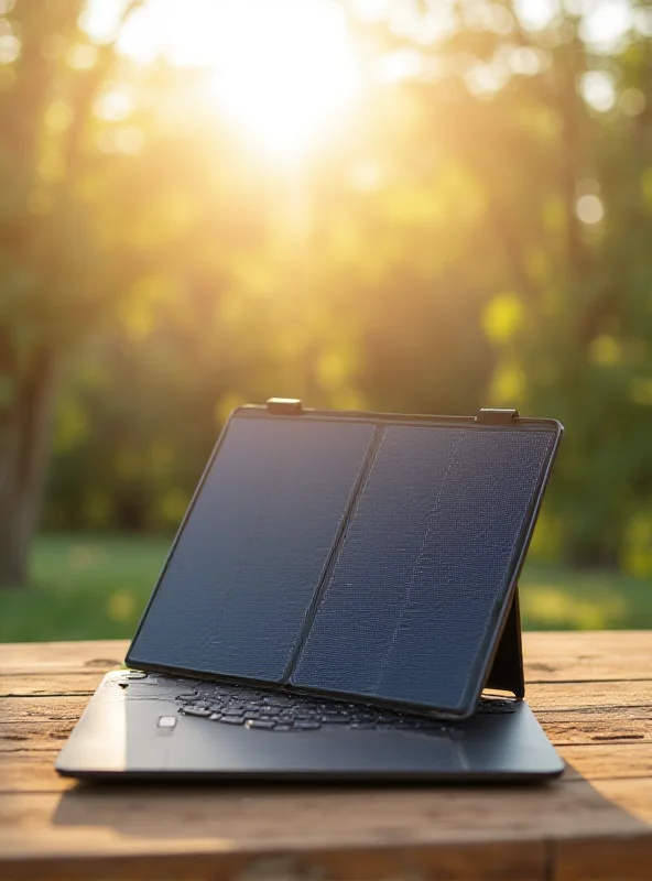 A sleek laptop with solar panels integrated into the lid, sitting on a table outdoors with sunlight shining on it.