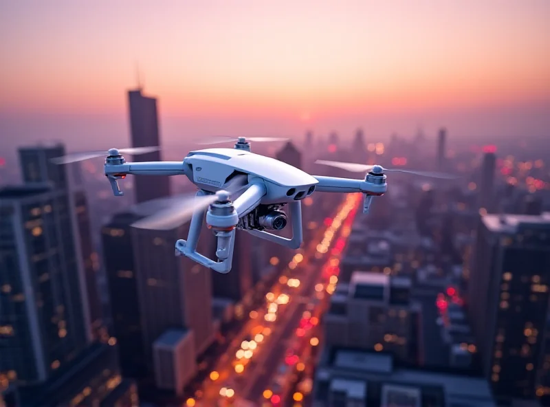 A futuristic drone flying over a cityscape, emitting a mobile signal.