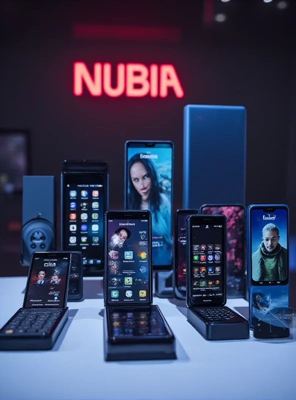 A collection of ZTE Nubia phones at MWC 2025, including a flip phone and a phone designed for music lovers