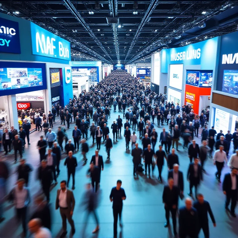 General view of attendees walking around the MWC 2025 trade show floor.