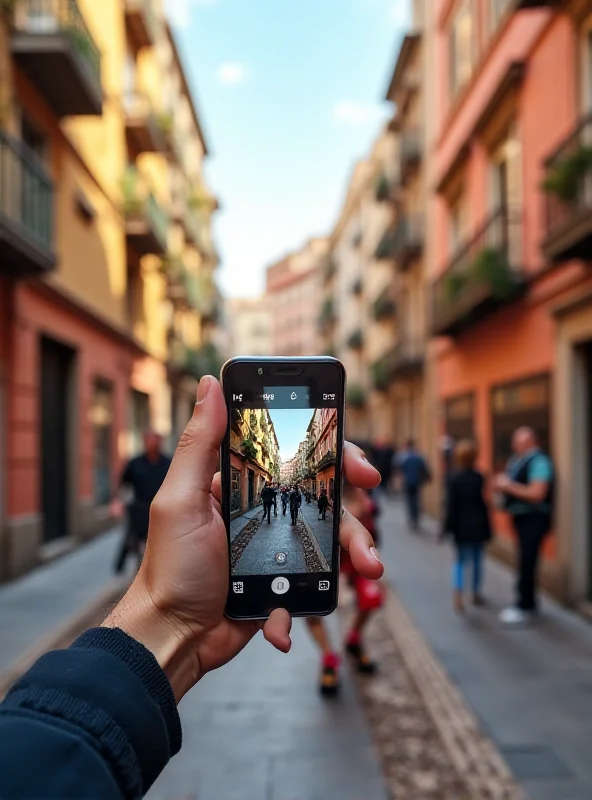 A person taking a photo with a Xiaomi 15 Ultra in a vibrant Barcelona street.