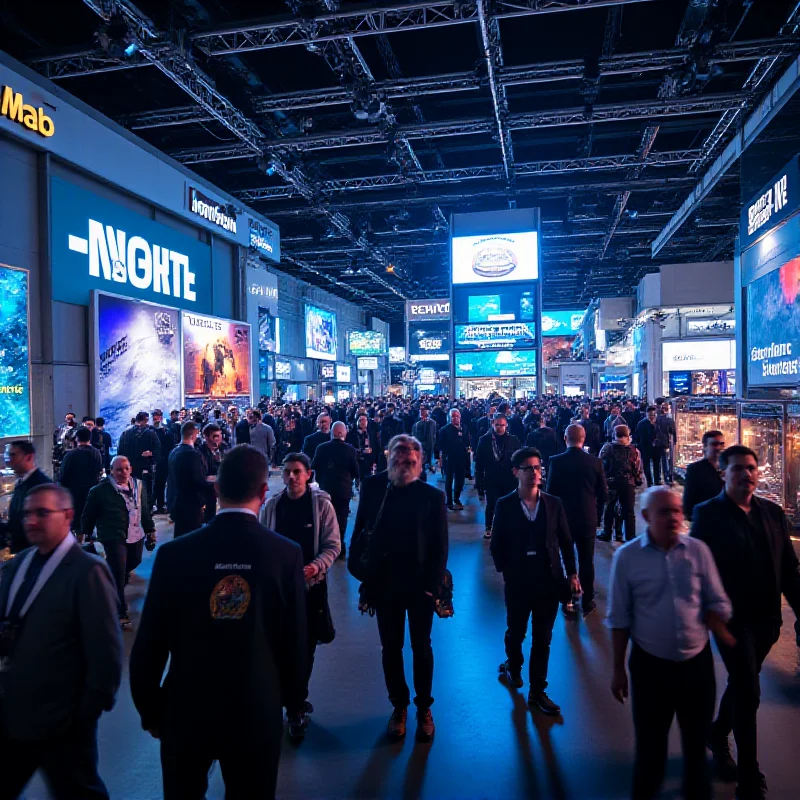 A panoramic view of the MWC 2025 show floor, filled with people and technology exhibits.