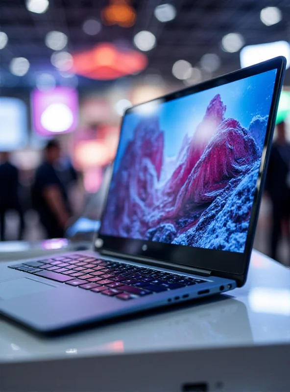 A sleek, modern laptop with a vibrant OLED screen, showcasing the TECNO MEGABOOK S14. The laptop is positioned on a minimalist desk with a blurred background of the MWC trade show.