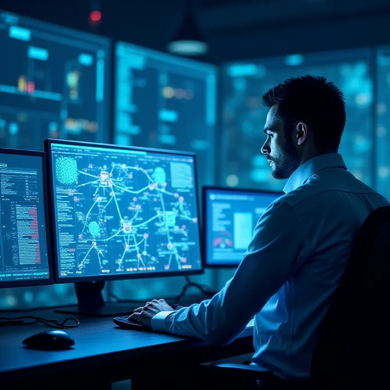 A network engineer working on 5G infrastructure, symbolizing ZTE's Minimalist Private 5G-A solution and its impact on telecommunications innovation. The background shows a bustling telecommunications control center.