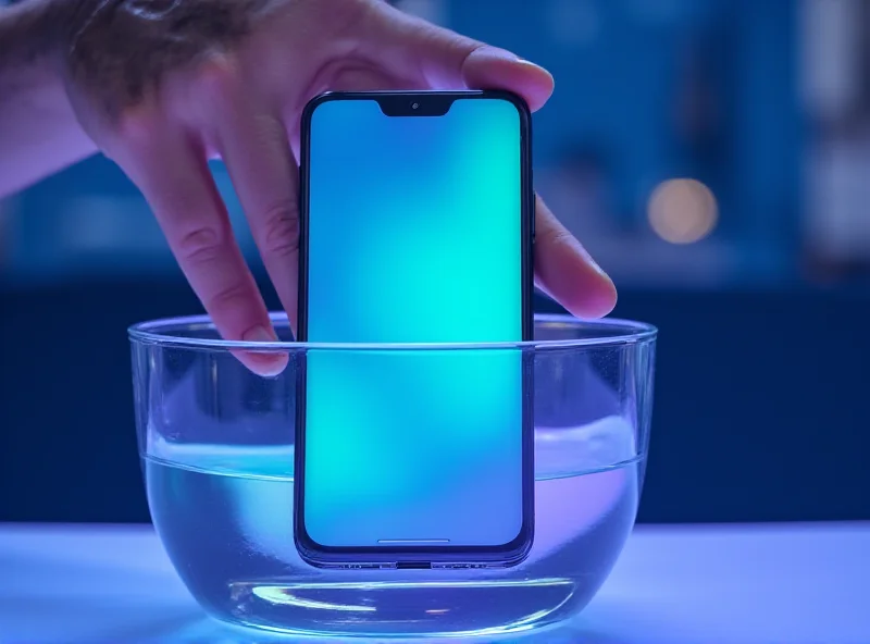 A hand holding a RealMe color-changing phone submerged in water, showcasing its chameleon-like ability to change colors.