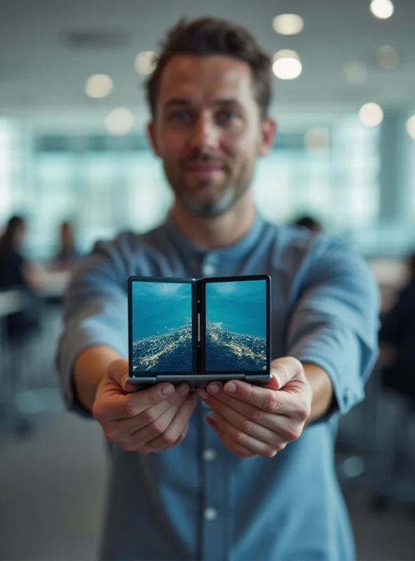 A person holding a Lenovo foldable device, showcasing its flexibility and AI-powered features.