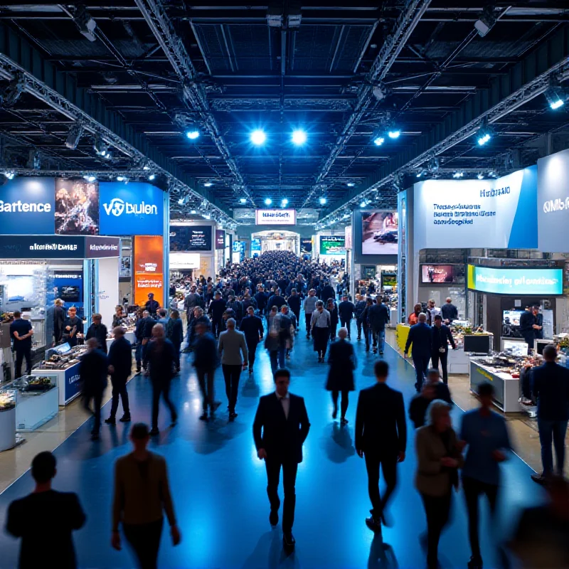 Crowd of people at the MWC 2025 trade show in Barcelona, with various tech company booths in the background.