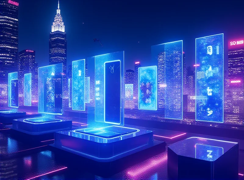 A futuristic city skyline with holographic smartphone displays floating in the air, advertising MWC 2025.