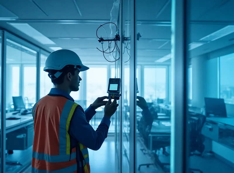 A network engineer installing a BTI Wireless Distributed Antenna System (DAS) in a modern office building, showcasing enhanced 5G+ connectivity.