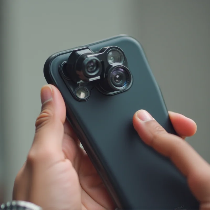 A person holding a realme concept phone with a detachable camera lens being swapped. The background is blurred, focusing on the phone and the lens.