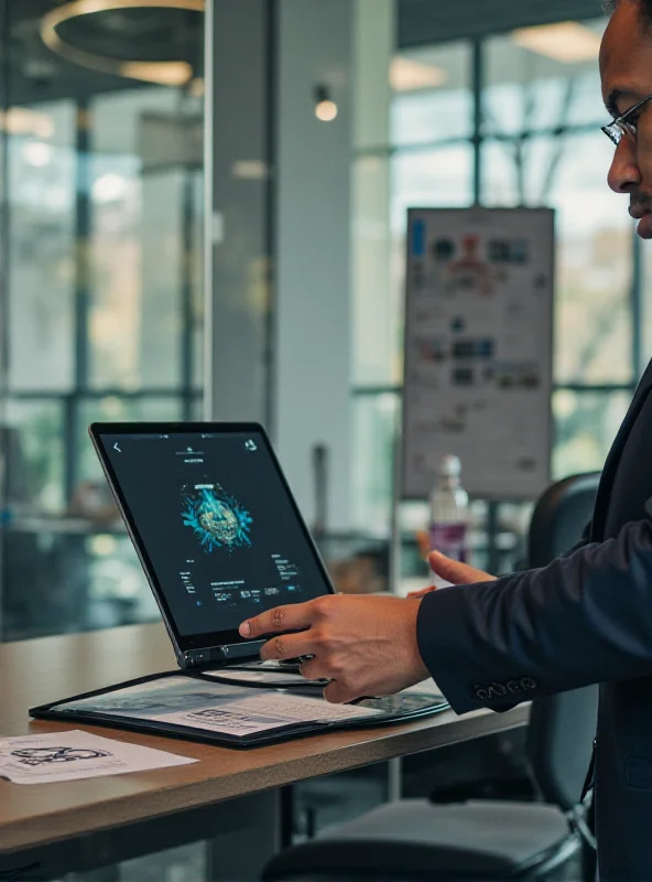 A person using a Lenovo ThinkBook Flip AI PC with a flexible screen. The screen is bent in a unique configuration, showcasing its versatility. The background is a modern office space.