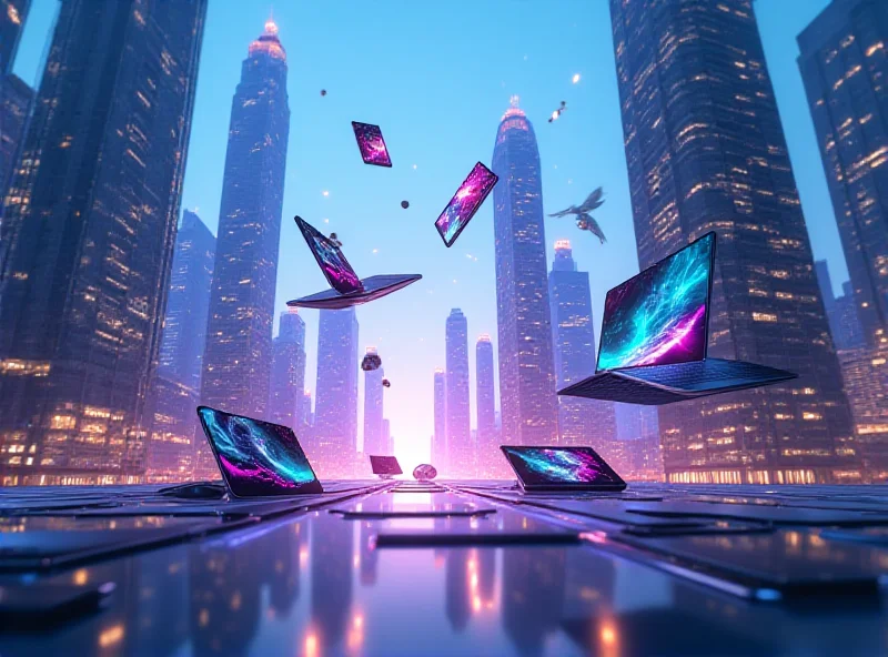 A futuristic cityscape with various mobile devices floating in the air, representing the interconnectedness and innovation showcased at MWC 2025. The devices include smartphones, laptops, and foldable phones, each displaying a vibrant and dynamic interface.