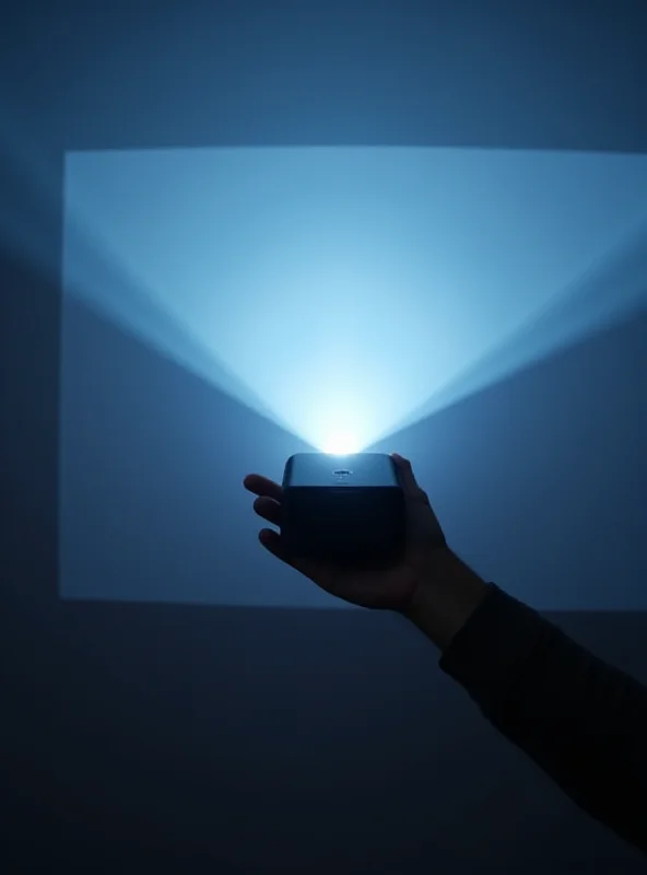 A person holding the TCL PlayCube portable projector, projecting an image onto a wall.