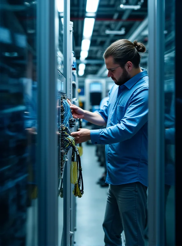 A network engineer installing fiber optic cables in a modern office environment, with visible server racks and networking equipment in the background.