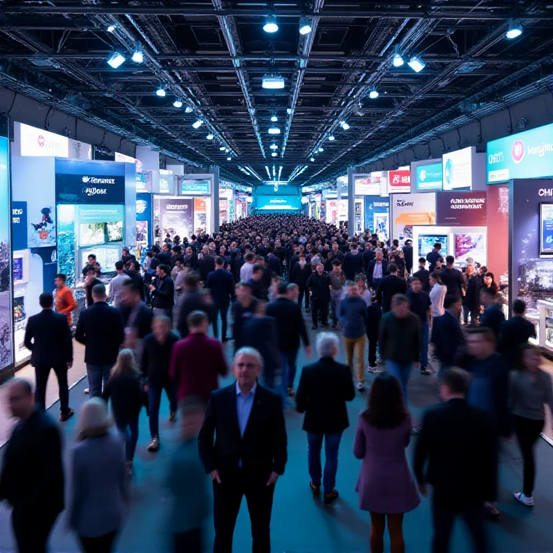 A bustling scene at Mobile World Congress, with crowds of people looking at different booths showcasing the latest mobile technology products.