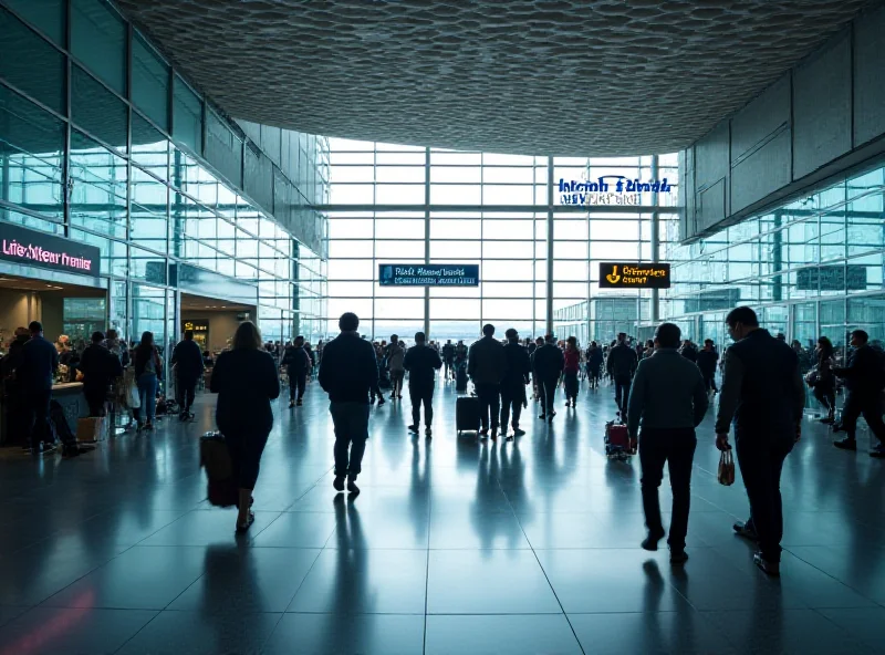 A modern airport interior with people walking and waiting.