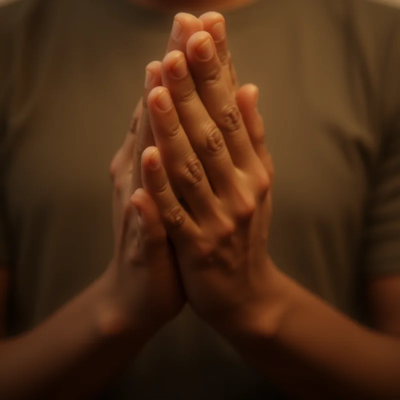 A person bowing their head in prayer, hands clasped.