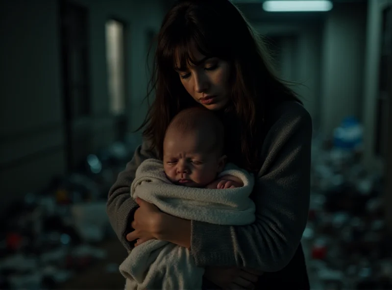 A distressed mother holding her infant in a cold, abandoned building.