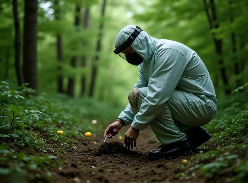 A detective examining a crime scene in a forest, with evidence markers and forensic tools visible.