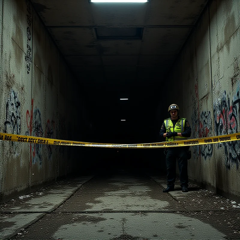 Police tape surrounding a sewer entrance in a gritty urban environment, suggesting a crime scene.