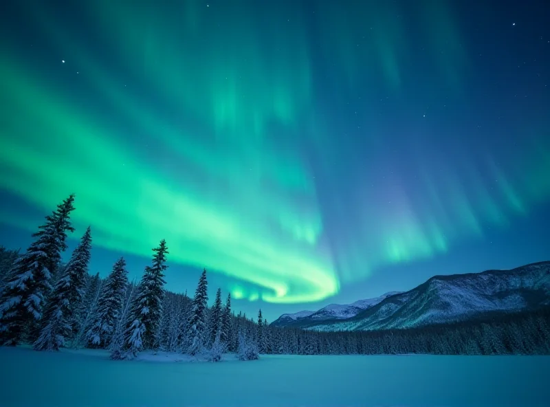 A wide-angle photograph capturing the aurora borealis over a snowy landscape. The sky is filled with swirling green and purple lights, with faint white streaks visible. The image conveys the vastness and beauty of the natural phenomenon.