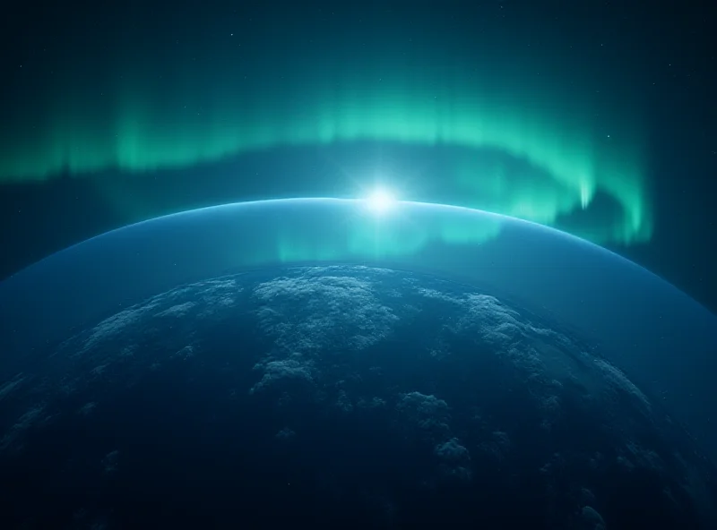 A digital rendering of Earth seen from space, with the aurora borealis glowing in the northern hemisphere. White streaks are visible within the aurora, highlighting their presence in the upper atmosphere.