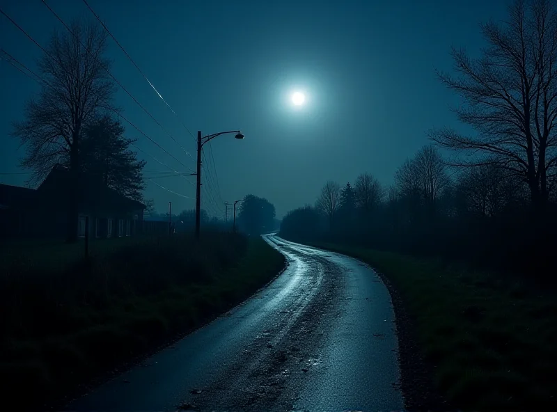 A quiet Polish village at night with a border fence in the distance, possibly lit by moonlight.