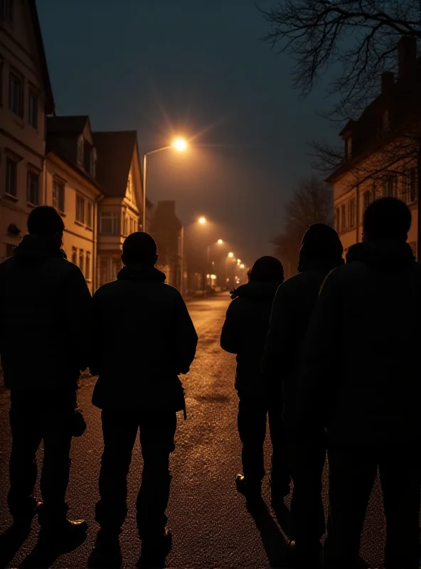 A group of concerned neighbors gathered in a village street at night, illuminated by streetlights, discussing the mysterious boom.