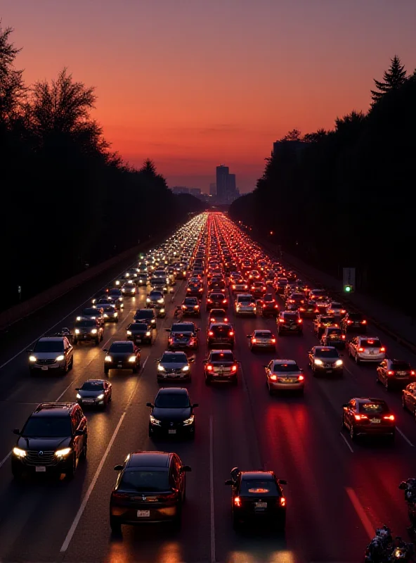 A winding highway at dusk with heavy traffic.