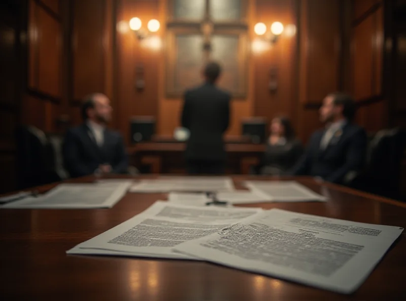 Illustration of a courtroom scene with a witness stand and legal documents.