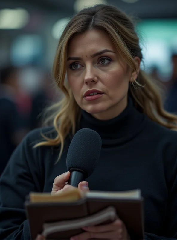 Image of a journalist holding a microphone and notepad, with a serious expression.