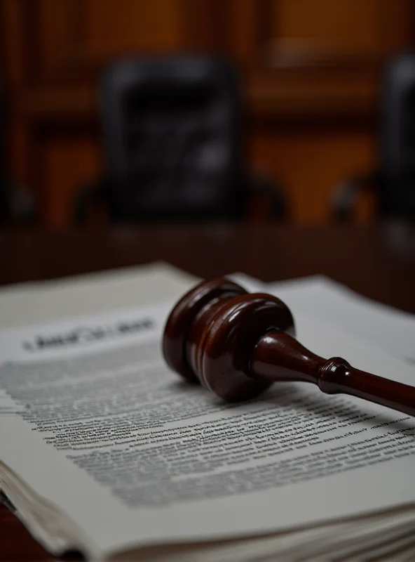 A gavel resting on a stack of legal documents in a courtroom setting, symbolizing legal proceedings and justice.