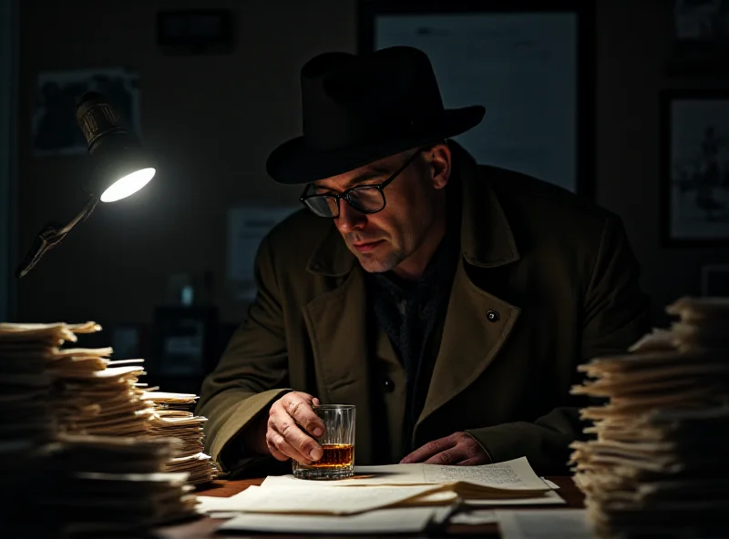 An investigator looking over case files in a dimly lit office.