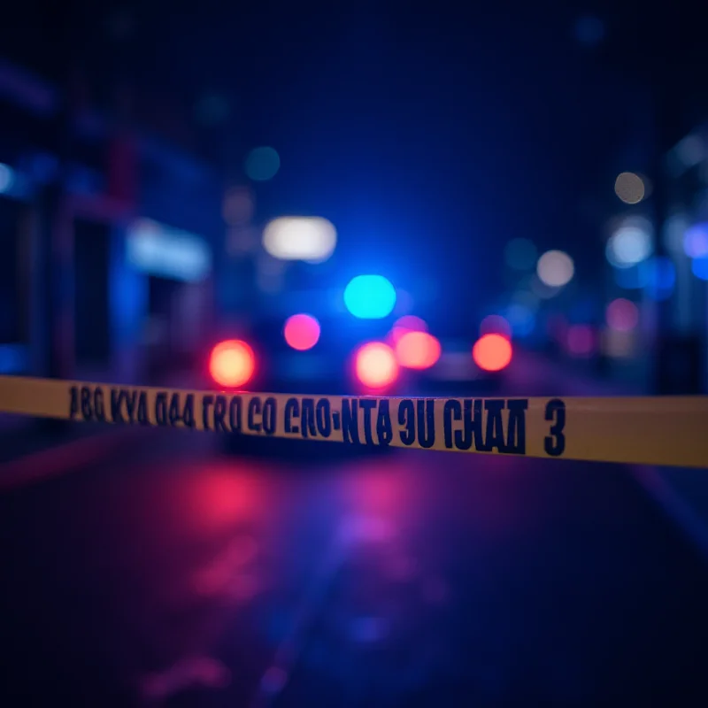 A blurred background of police tape and flashing lights at a crime scene.