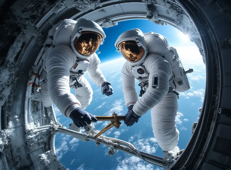 Astronauts performing a spacewalk outside the International Space Station.